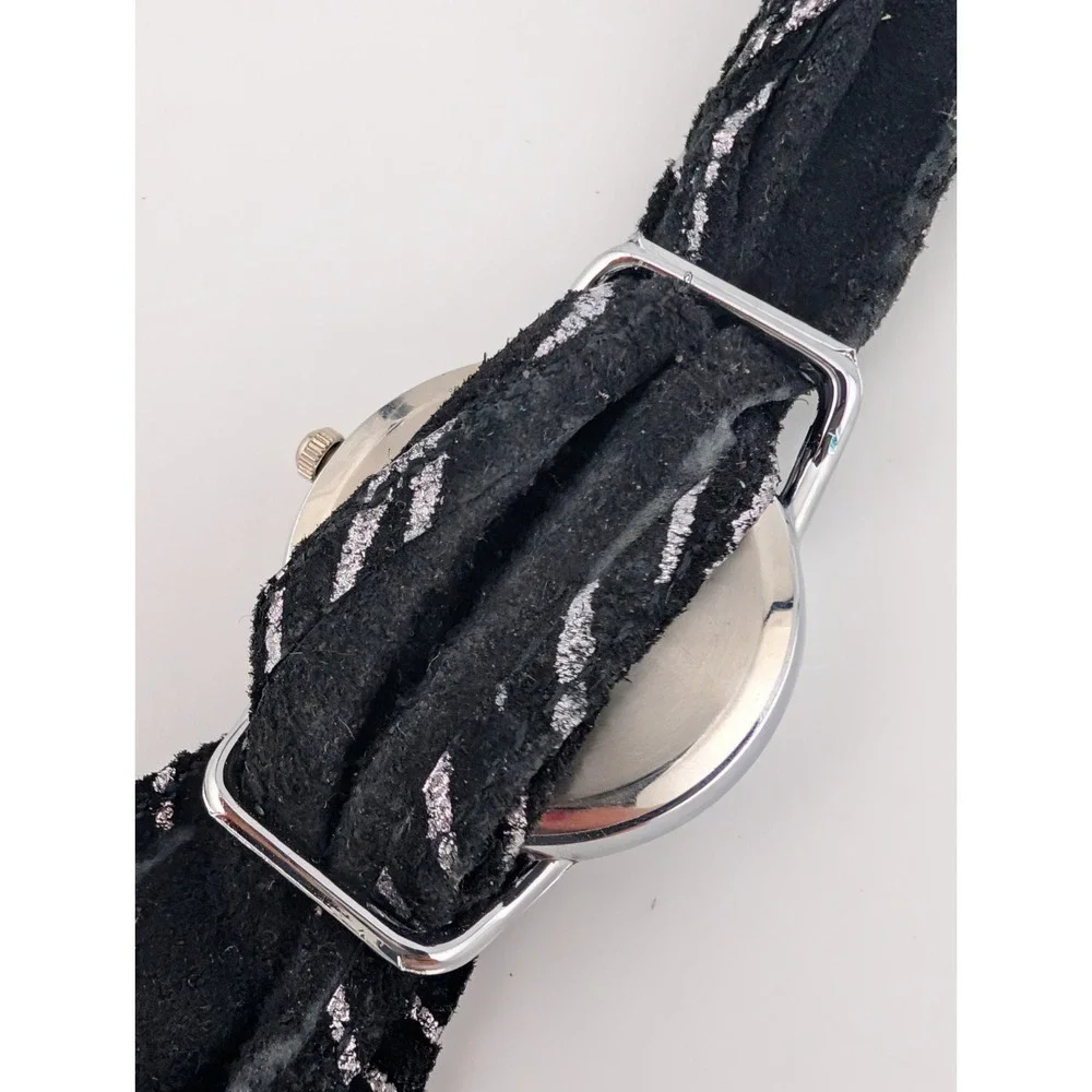 Vintage Le Baron Watch Women 29mm Silver Case Black Leather Fabric Band- Working